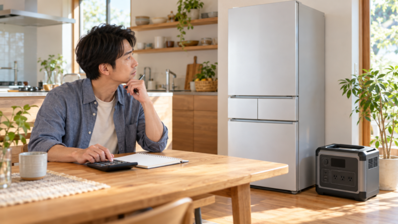 家庭用冷蔵庫とポータブル電源を見ながら電卓で必要容量を計算する男性