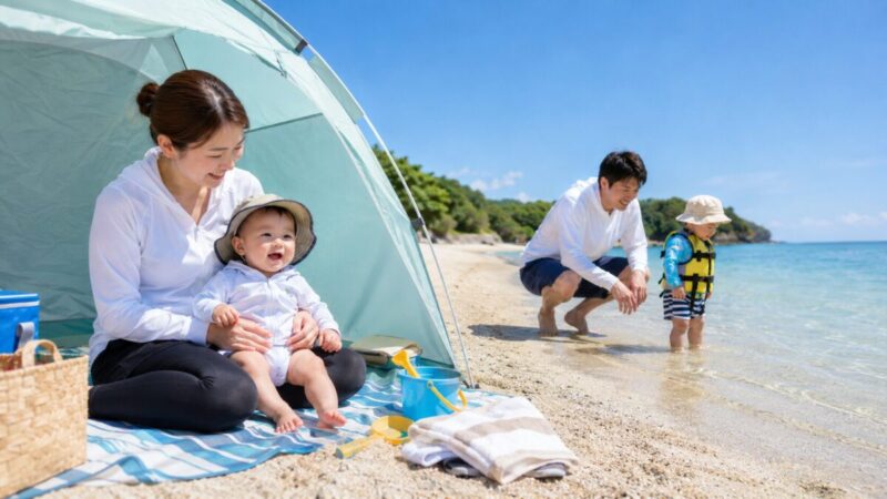日陰で海を眺める赤ちゃんと保護者に見守られて浅瀬へ入る幼児