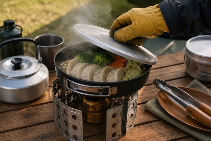 キャンプ用フライパンに蓋をして餃子と野菜を蒸し焼きにしている様子