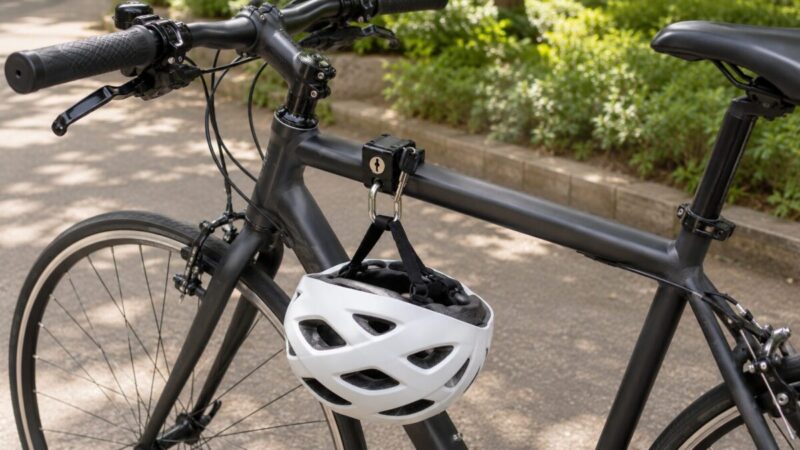 自転車のトップチューブに取り付けた鍵付きホルダーへヘルメットを固定した様子