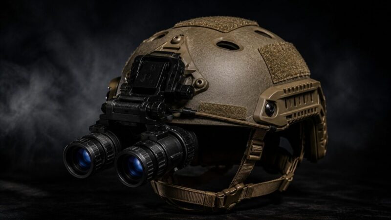 ナイトビジョン風パーツを取り付けたサバゲーヘルメットのカスタム例。