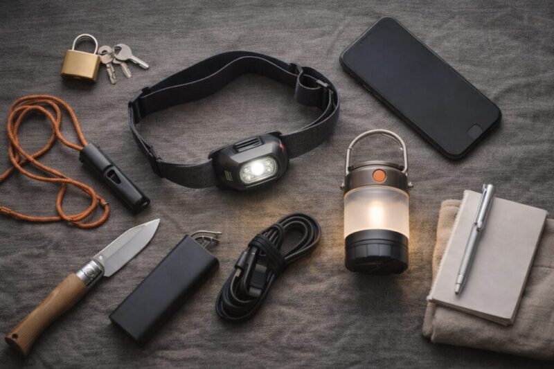 ヘッドライトや予備ライトなど夜に備える小物をテーブルに整えて並べたイメージ