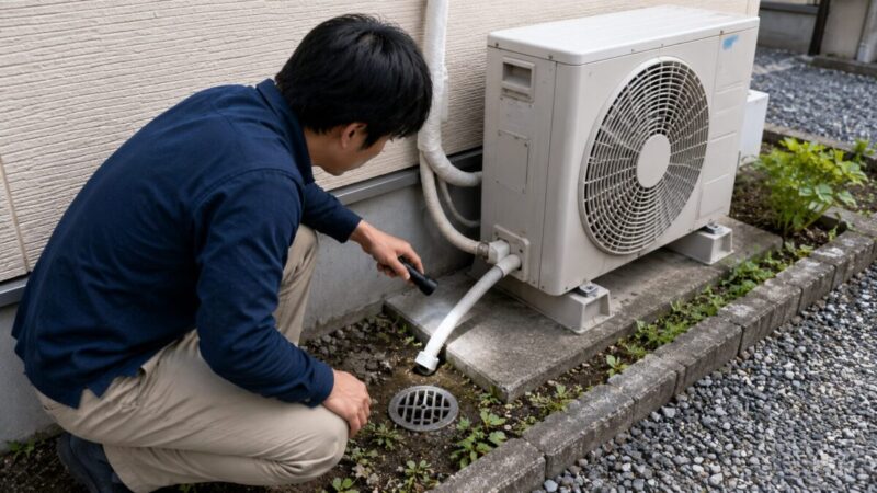 住宅の室外機そばで排水ホースと地面の排水口を点検している男性