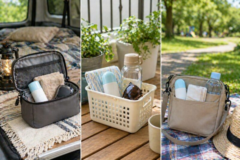 車内やベランダ、公園用バッグに日焼け止めを予備として入れているイメージ