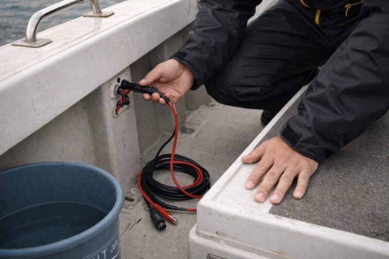 釣り船で電動リールの電源接続を確認している初心者向けイメージ