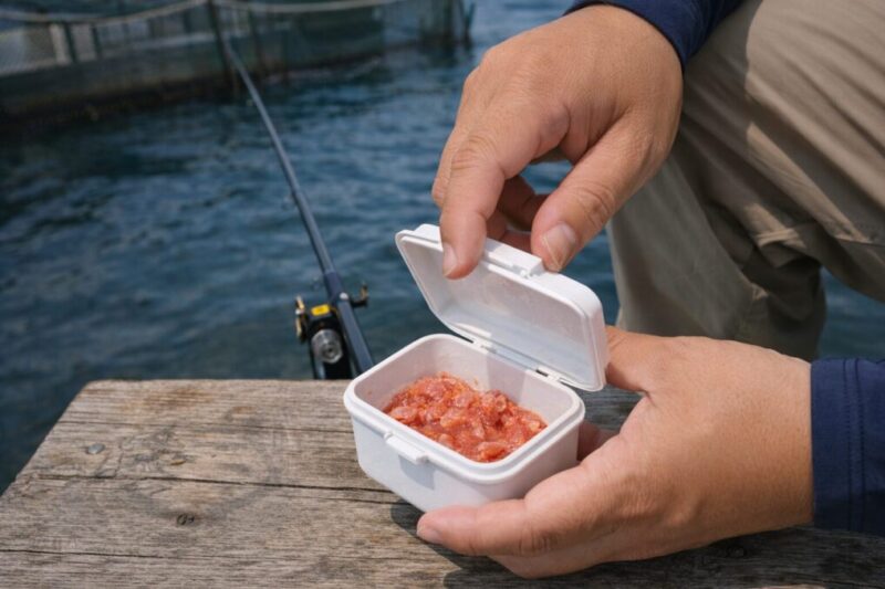 海上釣堀で片手で開けやすい小型サシエ入れの使用イメージ