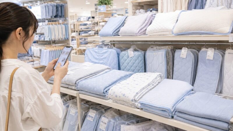 冷感ケットや敷きパッドが並ぶ売り場でスマートフォンから在庫を確認する様子