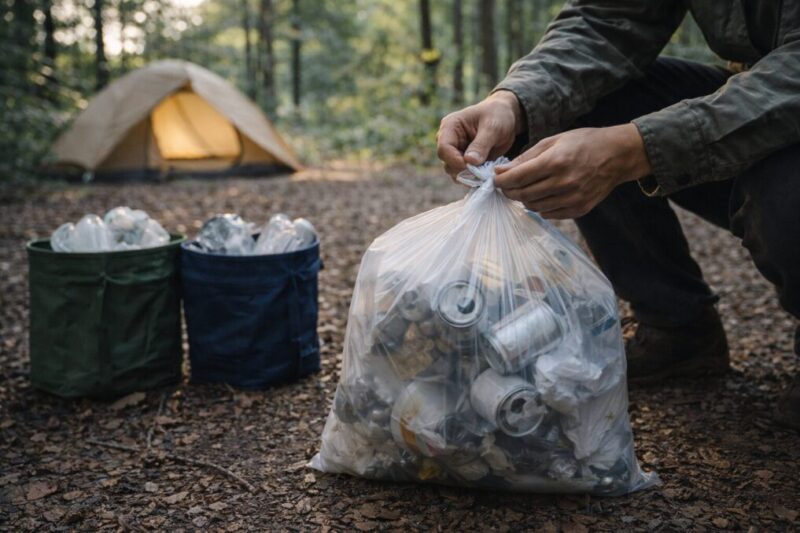 キャンプの暗黙ルールであるゴミ管理を守るイメージ