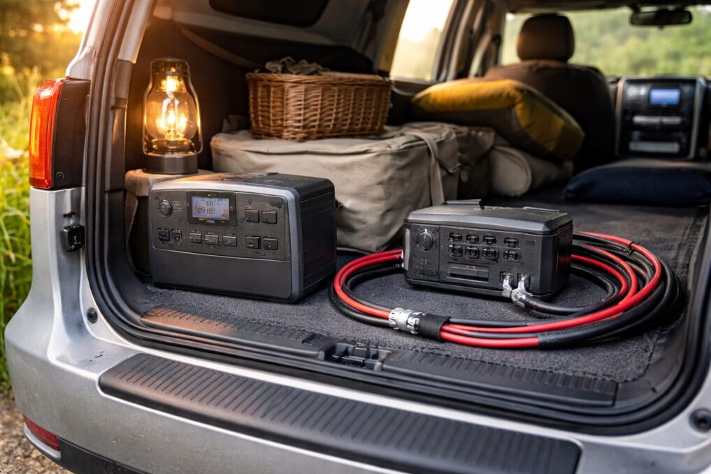 車中泊の荷室に電源機器と配線を整理して置き、走行充電の導入イメージが伝わる写真