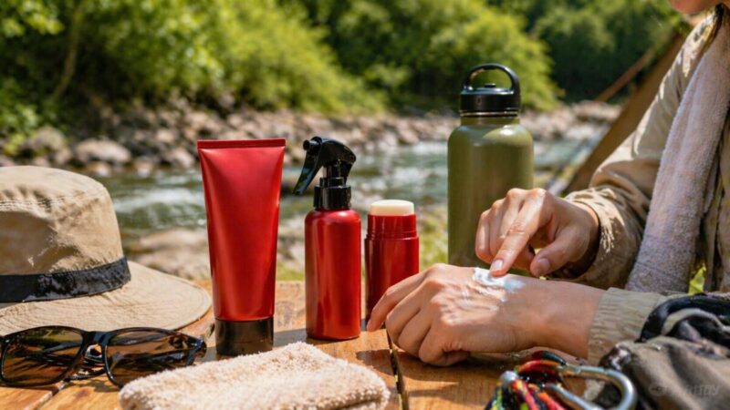 川辺のキャンプテーブルで手の甲に日焼け止めを塗り直す外遊び中のUV対策イメージ