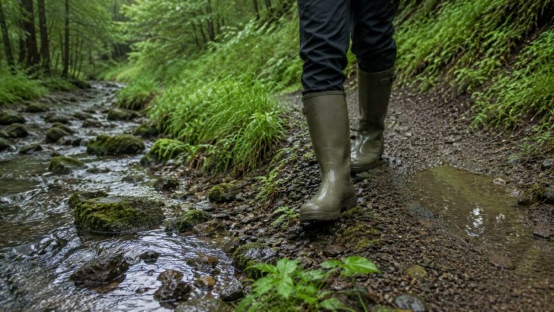 雨上がりの沢沿いの林道をロングラバー長靴で歩く登山者の足元