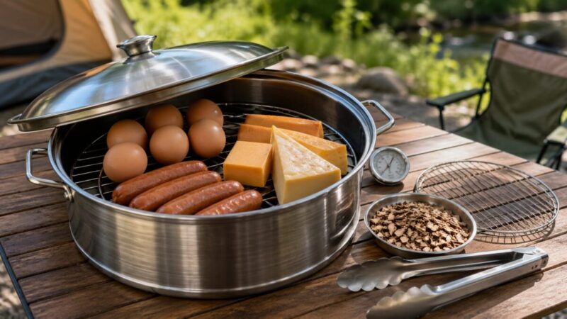 家族キャンプ向けの大きめの丸型燻製鍋に卵、ソーセージ、チーズを並べた調理風景