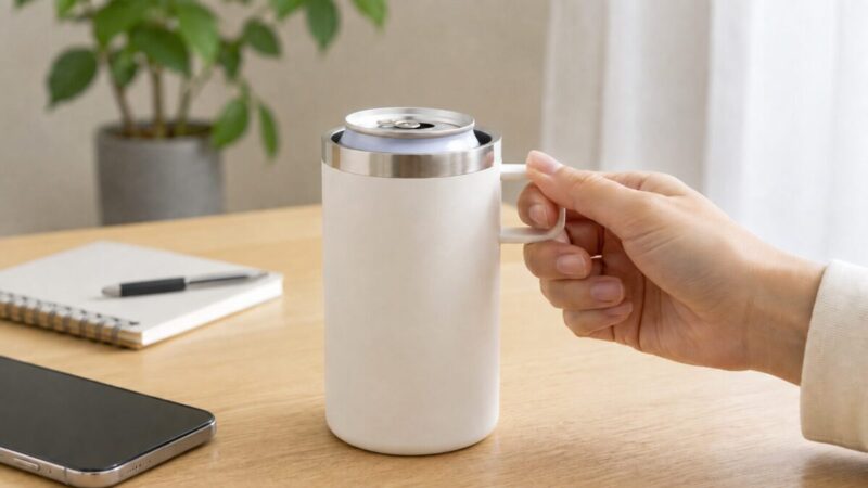 取っ手付き保冷缶ホルダーを手に持ち、缶の収まり方や持ちやすさを確認する様子