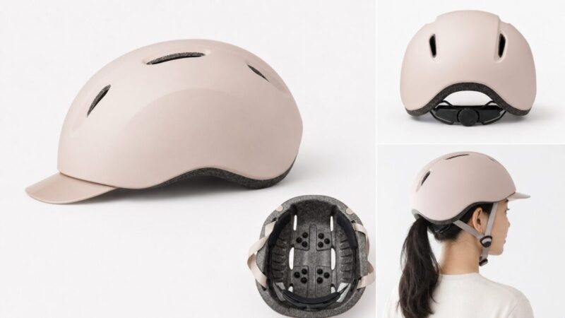 前髪用の空間と立体ピン、ポニーテール用開口を備えた自転車ヘルメットの構造と着用例