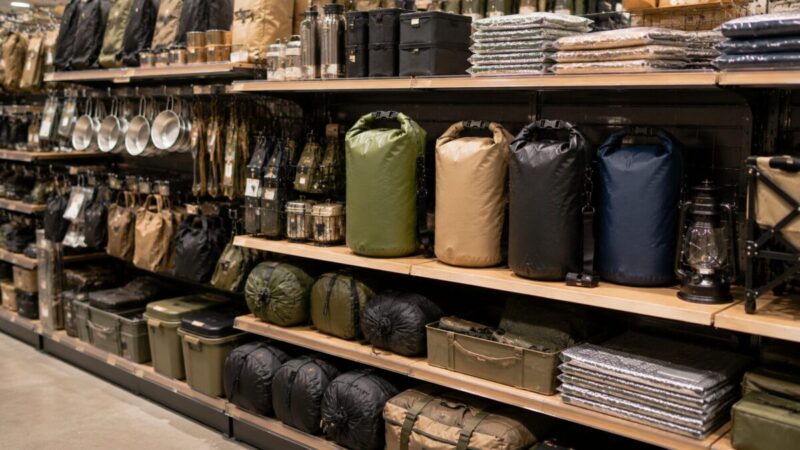 キャンプ用品売り場に防水バッグや調理器具、収納用品、ランタンが並んでいる様子