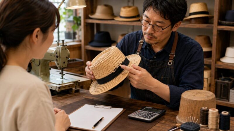 帽子専門店の職人が破損した麦わら帽子を確認し、依頼者と修理方法や料金を相談している様子