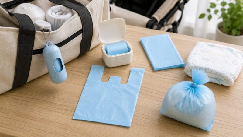 外出バッグのそばに、おむつ、携帯用の袋ケース、折り畳んだ袋、結んだ使用済みおむつ用の袋を並べた写真。