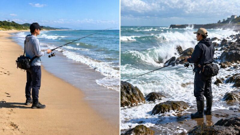 ：ウェーダーなしで釣りやすい穏やかな砂浜と危険な波の高い浜の比較