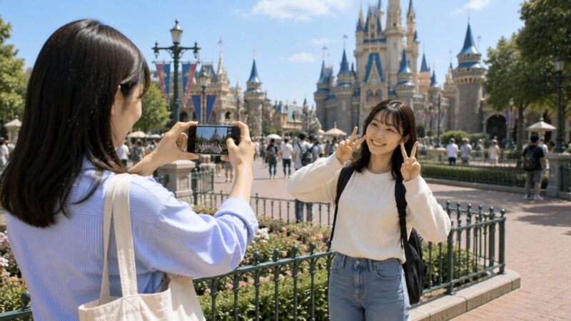 テーマパーク風の広場で、友人にスマホで記念写真を撮ってもらう女性