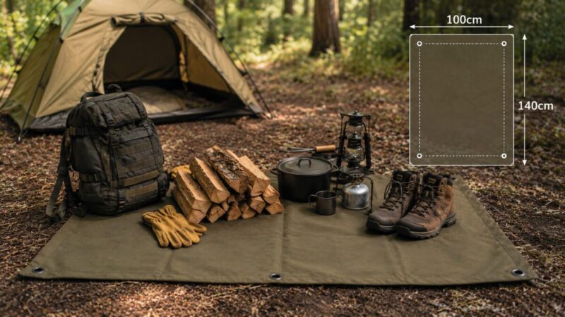 ソロテント前で、帆布シートにバックパック・薪・調理道具・ランタン・登山靴を並べた様子