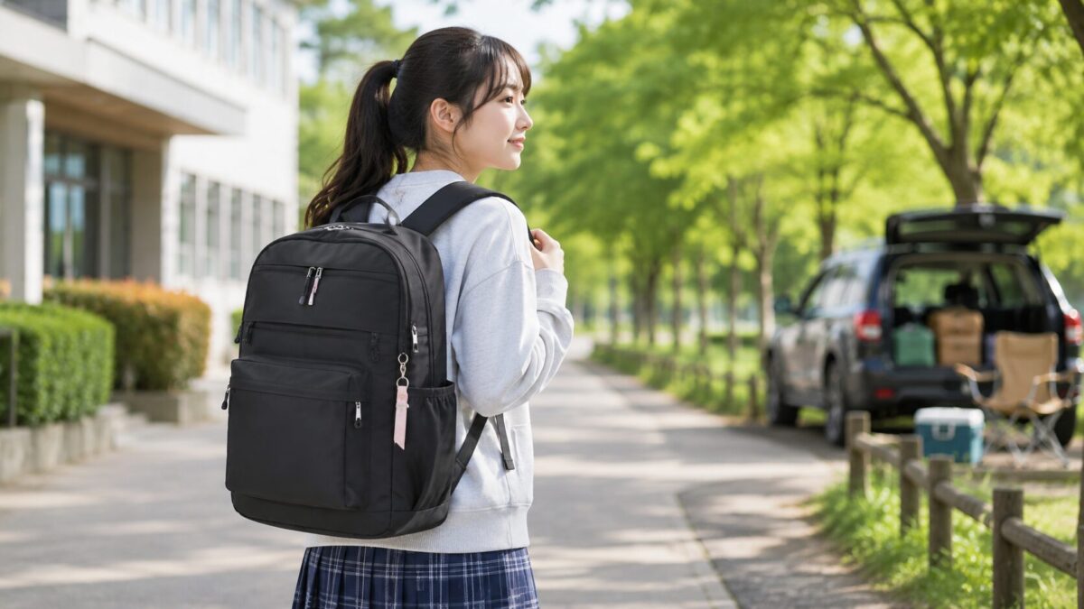 通学から散歩や車中泊サブバッグまで使いやすい黒系スクールリュックのイメージ