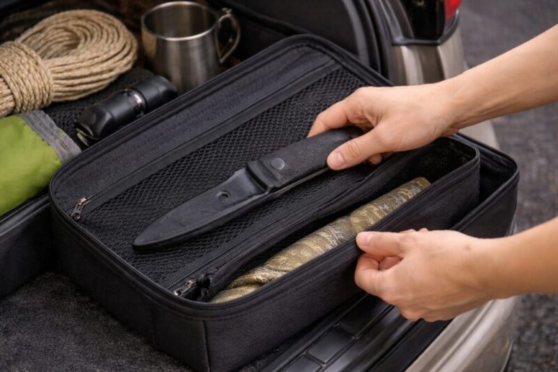 車中泊や移動時は刃物をむき出しにせず安全に収納して持ち運ぶイメージ