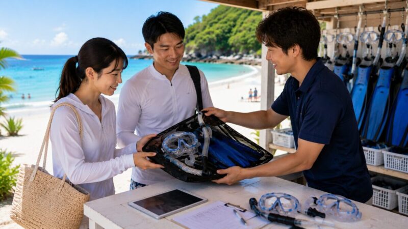 沖縄のビーチカウンターでシュノーケリングセットを受け取る旅行者