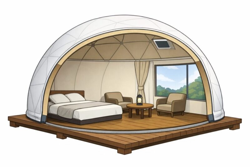 ドームテントの断面イラスト。外膜、断熱層、内張り、換気窓、窓面、デッキをシンプルに示す。