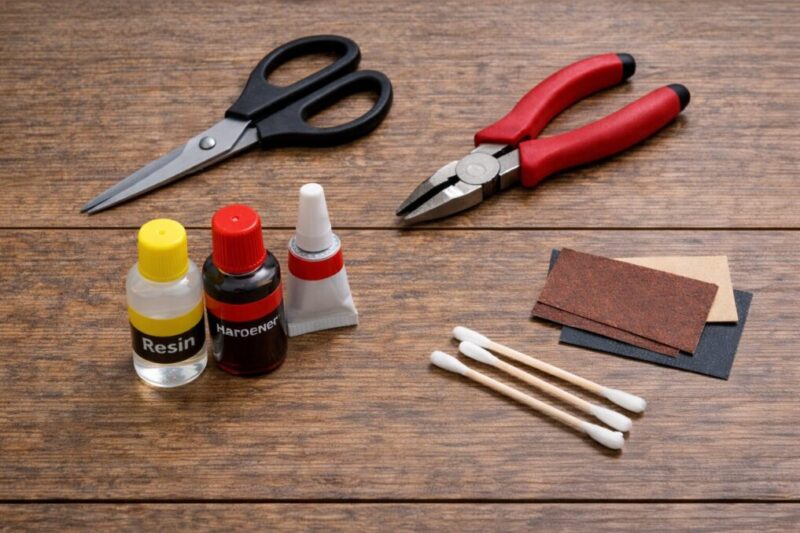 釣竿のガイド修理に必要な基本工具を並べた俯瞰写真