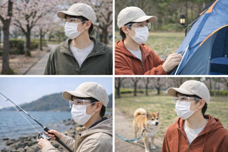 外遊びの場面別に花粉対策メガネを使い分けているイメージ