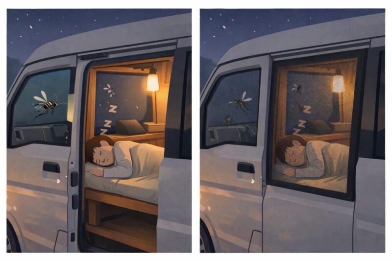 車中泊で窓を開けた場合と網戸を付けた場合の違いを示す比較イメージ