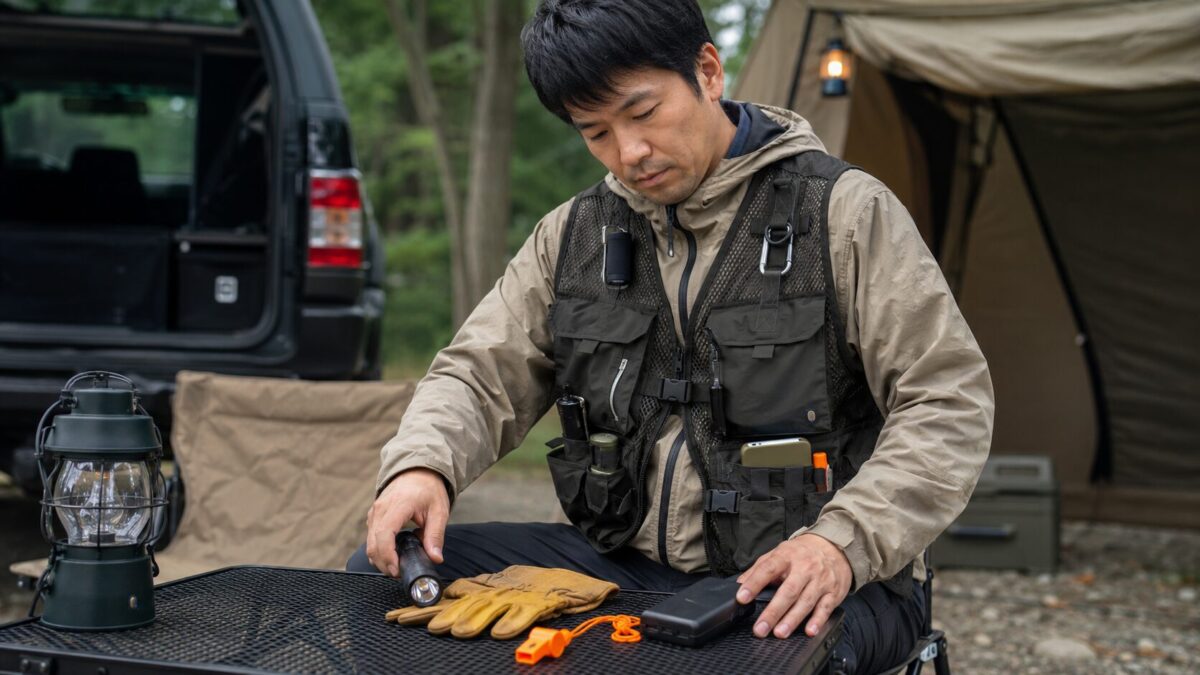 防災ベストにライトや手袋、ホイッスルを入れてキャンプ場で使う着る防災セットの準備シーン
