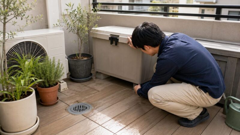 ベランダで収納ボックスの下や室外機、植木鉢、排水口周辺を確認している男性