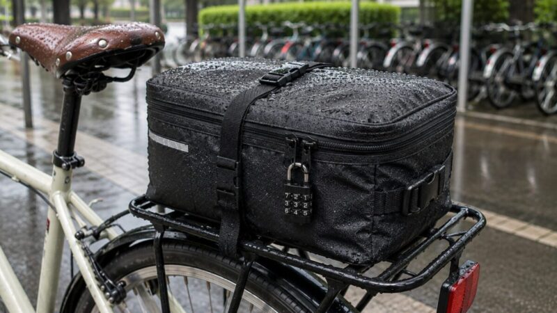雨の中でヘルメットを保管する鍵付き収納袋を後ろ荷台へ固定した自転車