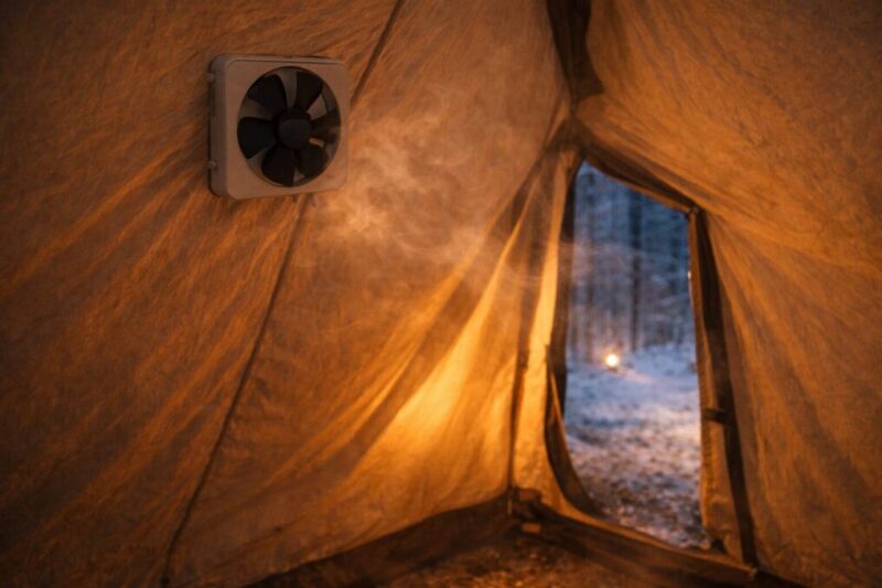 テント内で換気用ファンを回しつつ入口も少し開け、空気の入れ替えが必要な状況を示す様子