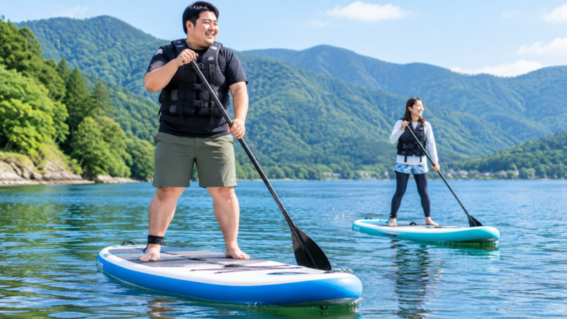 体格の異なる利用者がそれぞれSUPに乗って湖を進む様子