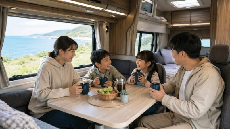 キャンピングカーの車内で家族がテーブルを囲み、海辺の景色を眺めながらくつろいでいる様子