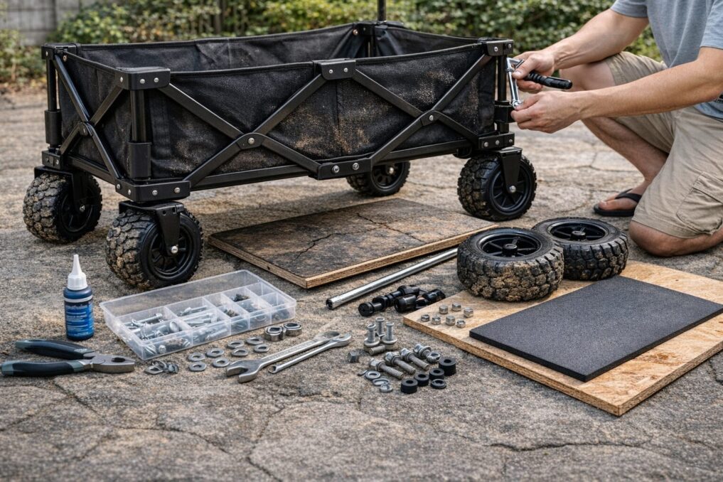 キャリーカートのネジやタイヤを補修しているメンテナンス風景