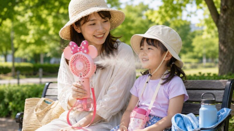 夏の外遊びで親子がミスト付きハンディファンを使って休憩している様子
