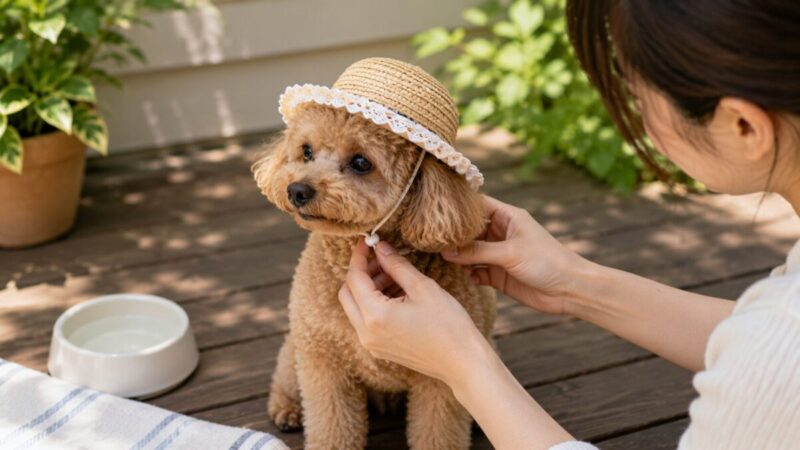 飼い主がペット用麦わら帽子のひもの緩さとサイズを確認している様子