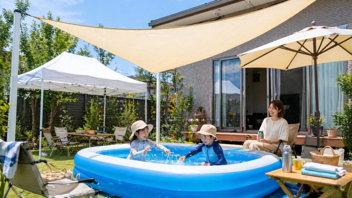 庭の家庭用プールにサンシェードとパラソルで日除けを作った夏の外遊びシーン