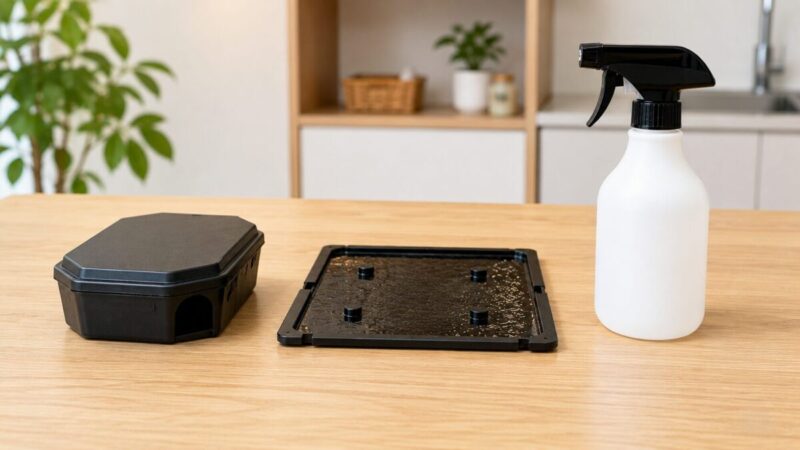 木製テーブルに置き型の害虫対策用品、粘着トラップ、スプレーボトルを並べた様子