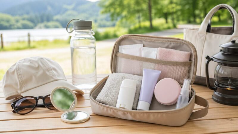 キャンプや散歩に持ち出しやすい日焼け止めの塗り直しセットをポーチにまとめたイメージ