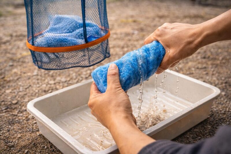 吸水スポンジは絞って乾かし、臭いやカビを防ぐ必要があることを示すイメージ