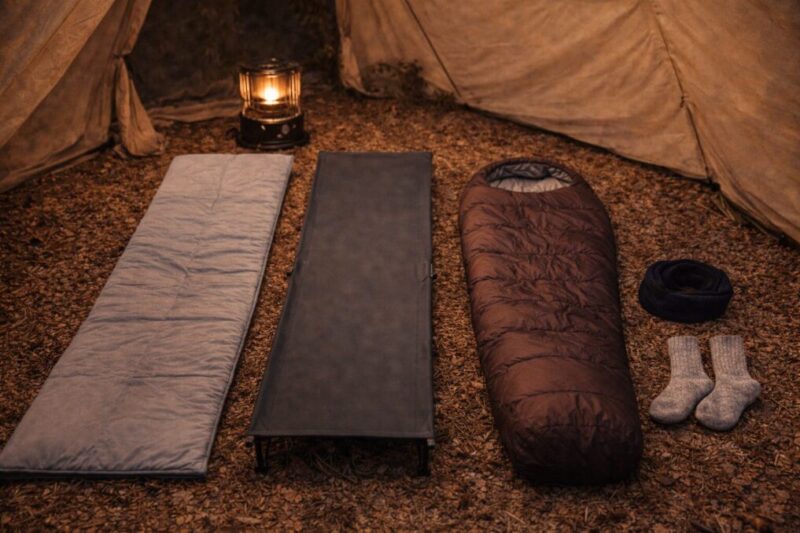 失敗を減らすために寝具と断熱を優先して見直し、必要な装備を並べて整理している様子