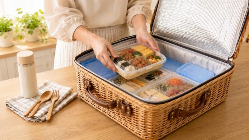 保冷インナーを敷いたピクニックバスケットに、保冷剤と使い捨て弁当容器を平らに重ねて入れている様子。