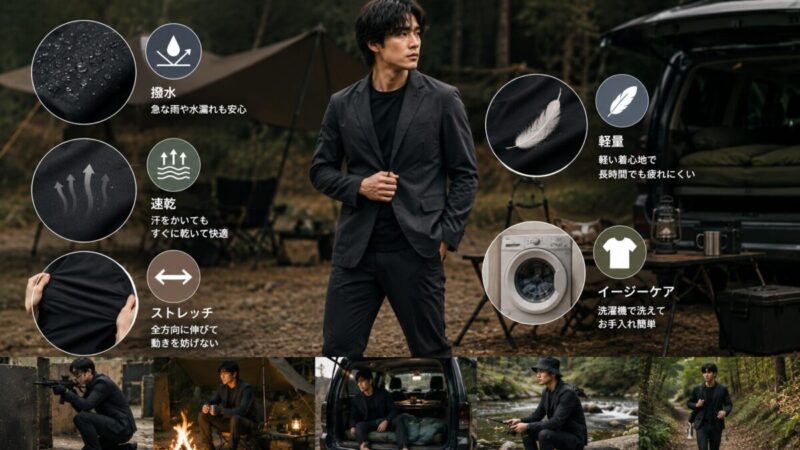 作業着スーツの撥水性や速乾性など外遊び向け機能を説明する画像