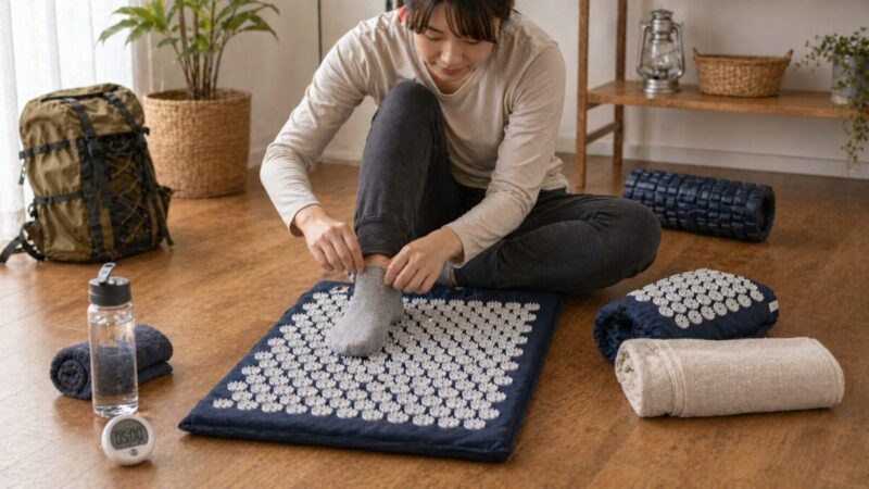 靴下やタオルを使いながら指圧マットの刺激を調整している様子。