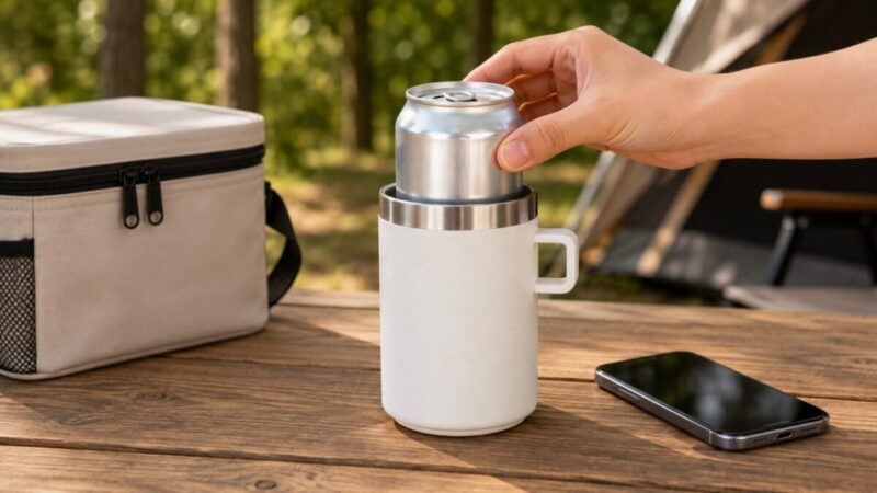350ml缶を小さな取っ手付きの真空断熱缶ホルダーへセットする様子