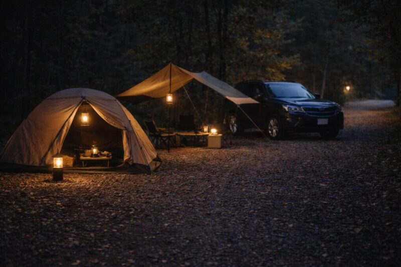 灯りでサイト全体の見通しを確保し、すぐ出発できる向きで車を停めたキャンプサイトの様子